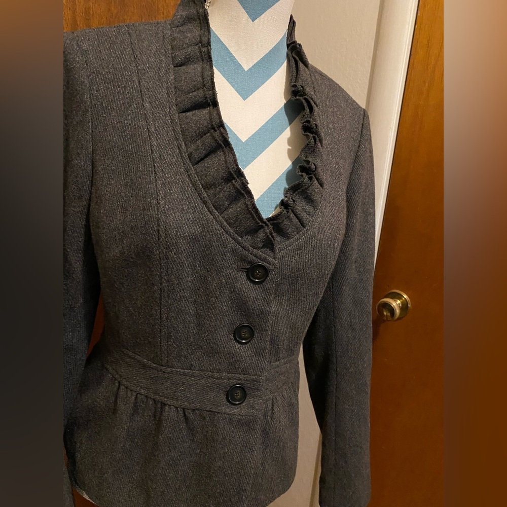 Ann Taylor Loft Womens Ruffle Gray Blazer Size 8